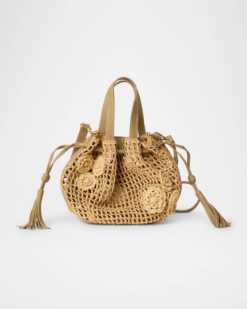 Orion Small Floral Applique Woven Raffia Hobo Bag